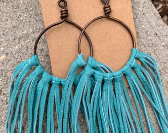 Turquoise leather fringe earrings, leather earrings, fringe earrings, fringe, boho jewelry, turquoise, handmade wire hoops, western