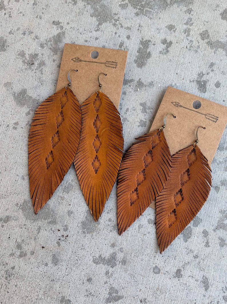 Tan Stamped Leather Feather Earrings Tooled Leather Stamped Etsy