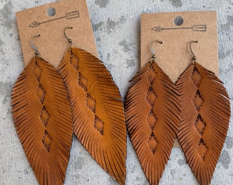 Tan stamped leather feather earrings, tooled leather, stamped jewelry, hand dyed, boho, western, leather earrings, leather jewelry
