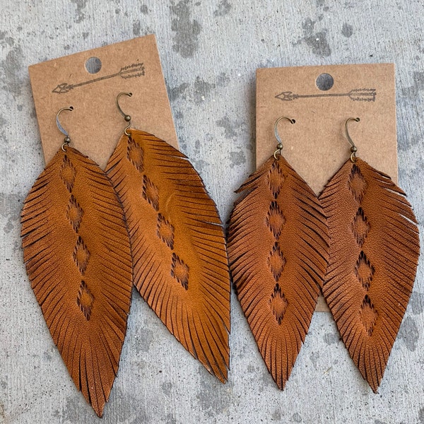 Tan stamped leather feather earrings, tooled leather, stamped jewelry, hand dyed, boho, western, leather earrings, leather jewelry