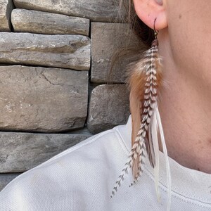 May include: A pair of long feather earrings with brown, white, and black feathers. The earrings are hanging from a person's ear.