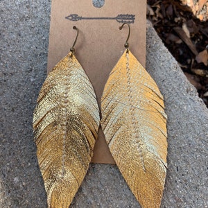 Gold metallic leather feather earrings, 24k, gold digger, leather earrings, leather jewelry, leather feathers, metallic, gold