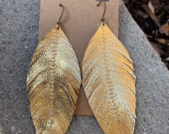 Gold metallic leather feather earrings, 24k, gold digger, leather earrings, leather jewelry, leather feathers, metallic, gold
