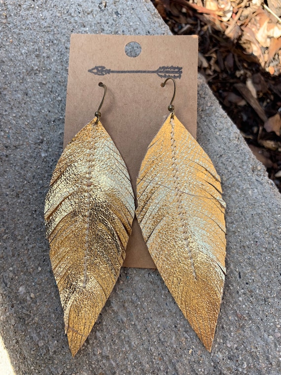 Gold leather feather earrings best sale