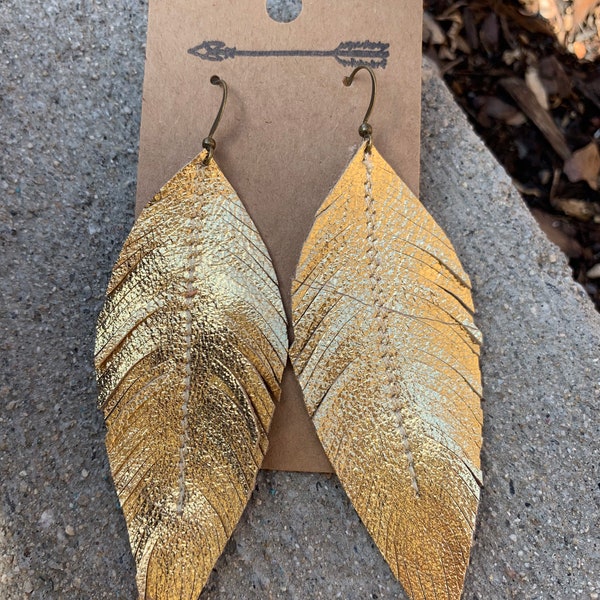 Gold metallic leather feather earrings, 24k, gold digger, leather earrings, leather jewelry, leather feathers, metallic, gold