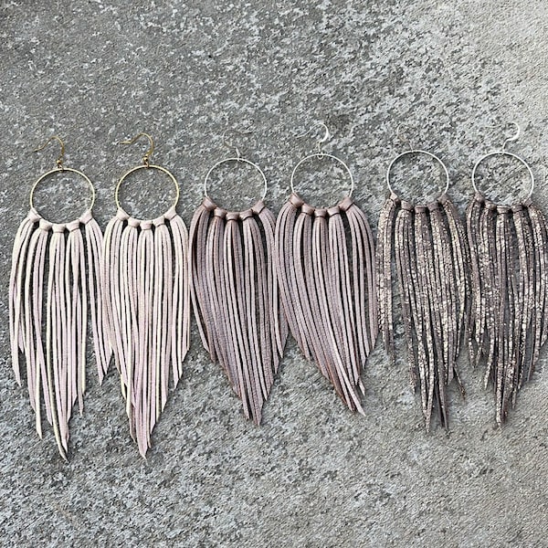 Metallic leather fringe earrings, iridescent, beige, champagne taupe, leather earrings, boho earrings, shimmer, NFR, hoop earrings