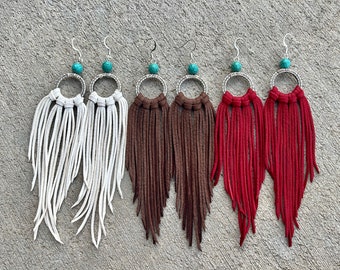 Boho beaded leather fringe earrings, leather fringe earrings, beaded leather earrings, NFR earrings, white, red, brown, western earrings