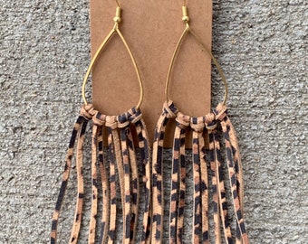 Leopard leather fringe on brass teardrop, leather fringe, leather earrings, handmade, boho style, fringe earrings 5” customizable