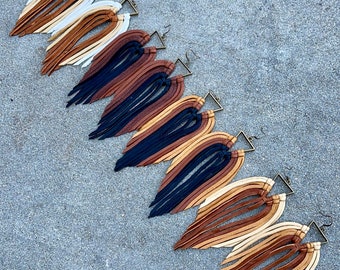 Yellowstone collection Ombre’ triangle leather fringe earrings, boho earrings, leather earrings, ombré’ earrings, boho fringe, western