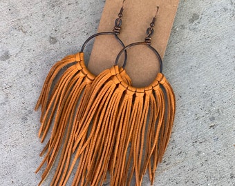 Mustard leather fringe earrings, leather earrings, fringe, handmade leather earrings, mustard leather, boho earrings, bohemian