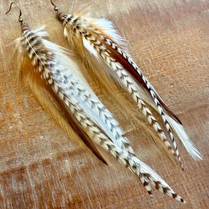 May include: A pair of long, brown and white feather earrings with a brown wooden bead at the top of each earring.