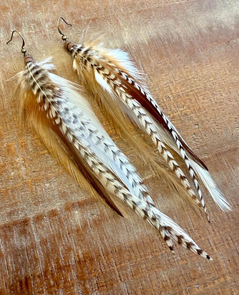 May include: A pair of long, brown and white feather earrings with a brown wooden bead at the top of each earring.