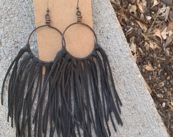 Black leather fringe earrings, hand cut fringe, leather earrings, fringe earrings, leather jewelry, handmade earrings, black leather