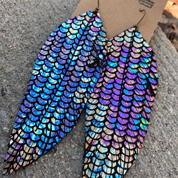 Mermaid tail leather feather earrings, mermaid, rainbow, metallic, shimmer, pink, purple, turquoise, leather earrings, leather jewelry,