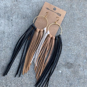 Ombré fringe double cut leather fringe earrings, leather fringe, ombré, black, brown, leather jewelry, handmade jewelry