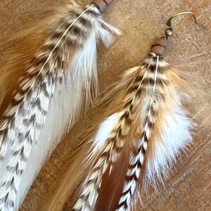 May include: A pair of brown, white, and tan feather earrings with brown wooden beads and gold-toned hooks.