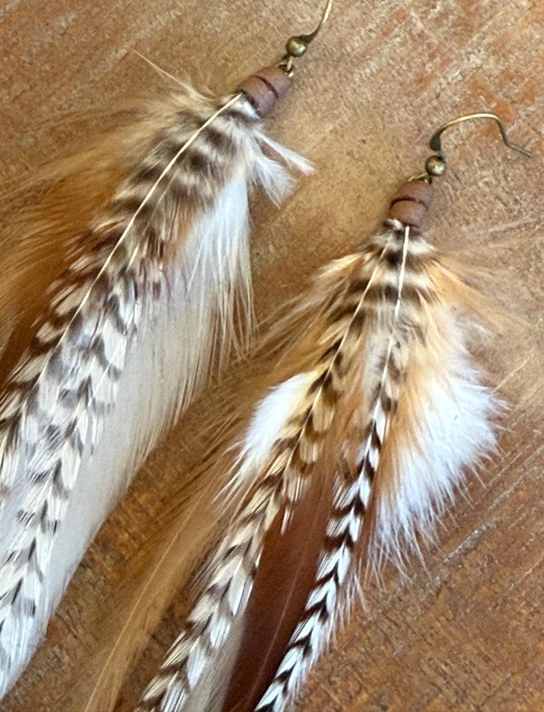 May include: A pair of brown, white, and tan feather earrings with brown wooden beads and gold-toned hooks.
