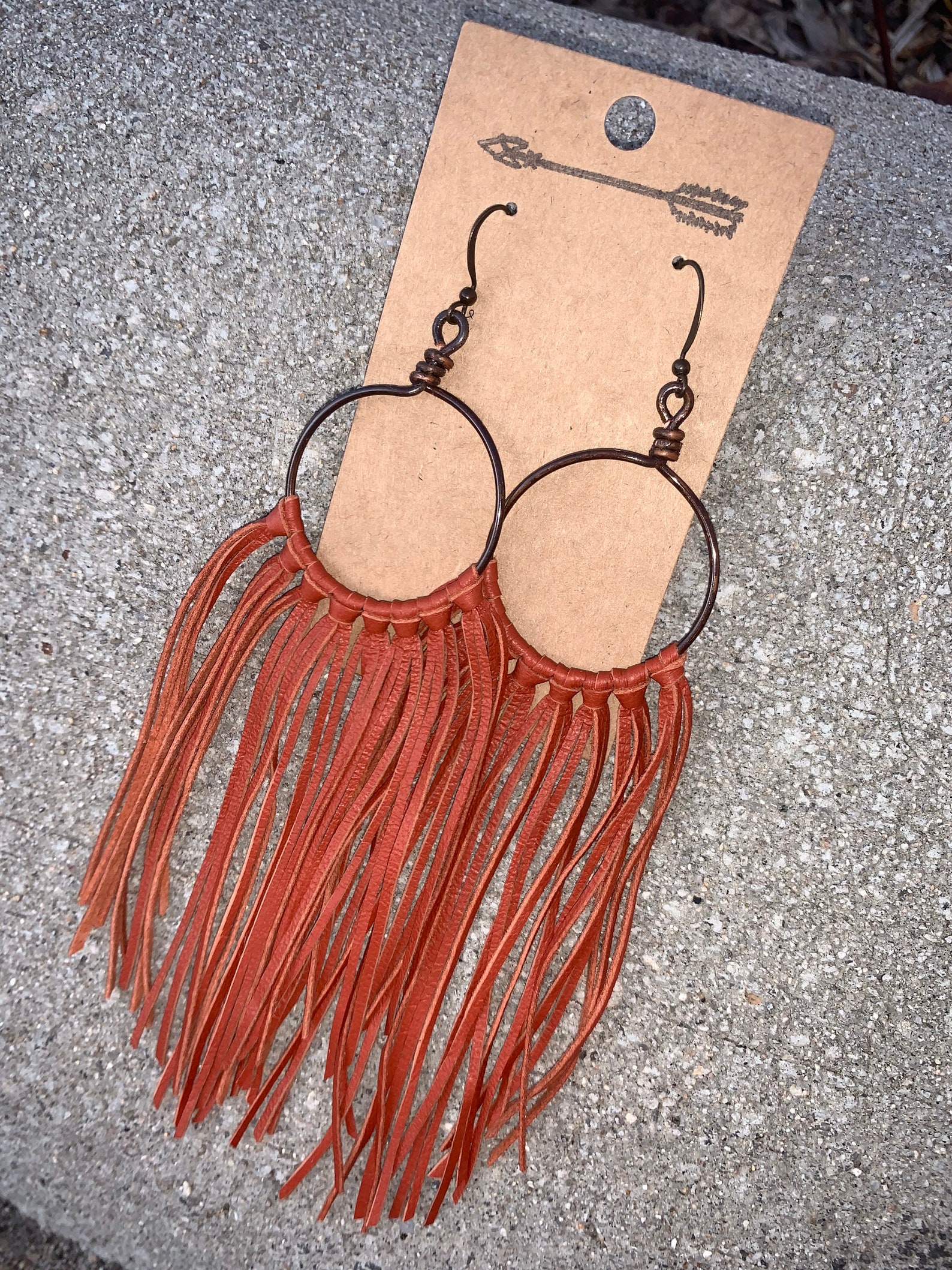 Rust Color Leather Fringe Earrings, Handmade Wire Hoops, Leather ...