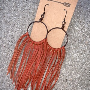 Rust Color Leather Fringe Earrings, Handmade Wire Hoops, Leather ...
