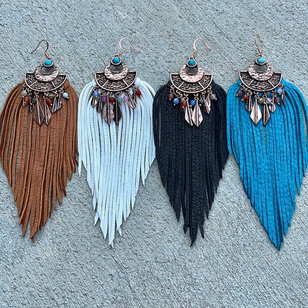 Orecchini con frange in pelle color rame in stile boho western, gioielli NFR, orecchini western, orecchini boho, cowgirl, frange in pelle, turchese, orecchini da rodeo