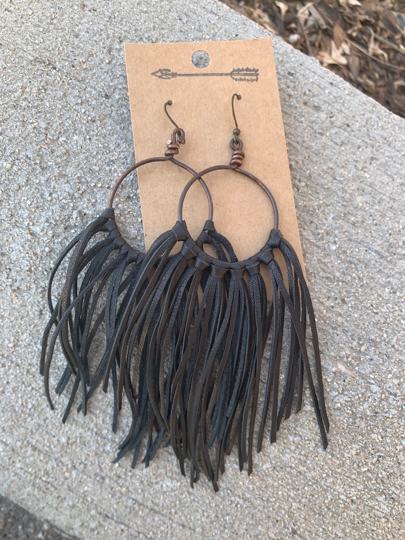 Black Leather Fringe Earrings, Hand Cut Fringe, Leather Earrings ...
