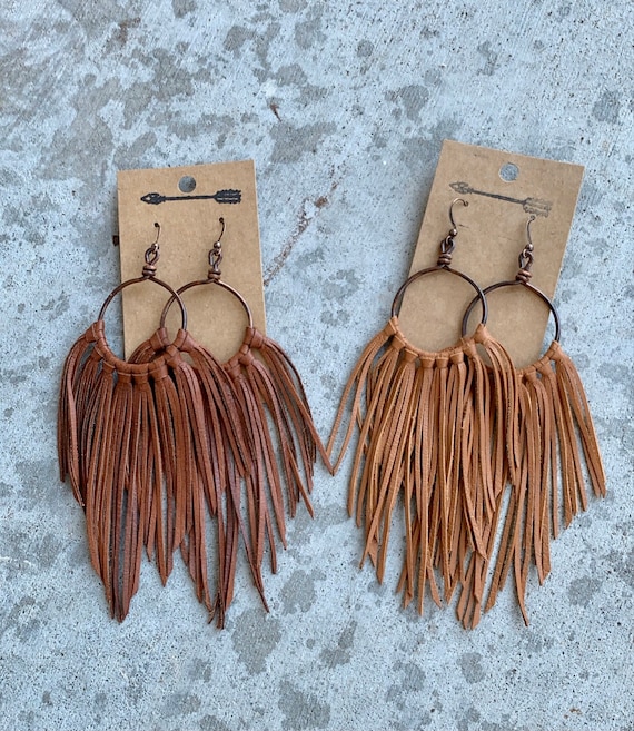 Cognac and Brown Leather Fringe Earrings Leather Fringe Earrings