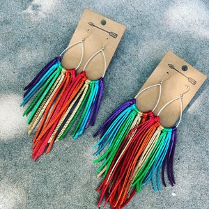 Rainbow fringe metallic leather earrings, rainbow leather, rainbow earrings, rainbow  fringe, metallic leather, leather earrings, festival