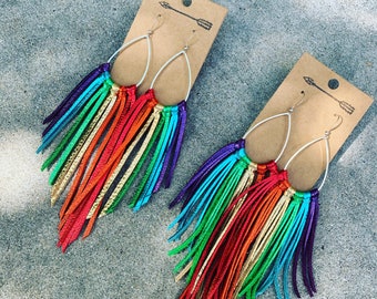 Rainbow fringe metallic leather earrings, rainbow leather, rainbow earrings, rainbow  fringe, metallic leather, leather earrings, festival