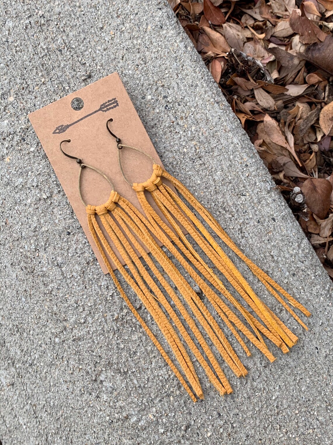 Mustard Leather Fringe Earrings With Raw Brass Teardrop or Etsy