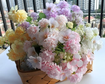 gemischte Blumen, 3 Stile 5 Stiele, Kamelienknospe und Chrysanthemenkugel und Hortensienstrauß, Kunstblume, rosa und creme W010