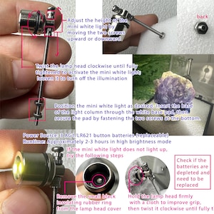 May include: A silver mini white light with instructions. The text reads: Adjust the height of the mini white light by moving the two screws upward or downward. Twist the lamp head clockwise to activate the light.