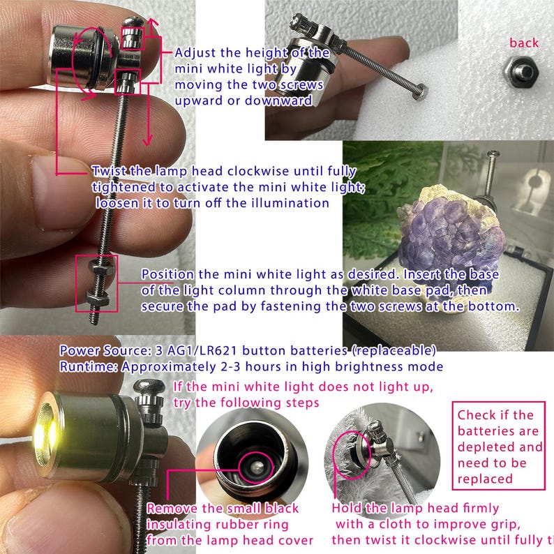May include: A silver mini white light with instructions. The text reads: Adjust the height of the mini white light by moving the two screws upward or downward. Twist the lamp head clockwise to activate the light.