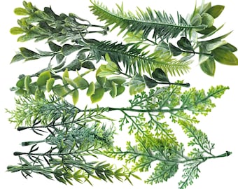 20 stycken blandade konstgjorda dammiga blad med stjälkar, små utfyllnadsmaterial konstgjorda blad, utfyllnadsmaterial för bröllopsblommor, gulgrönt ormbunkeblad (AP011)