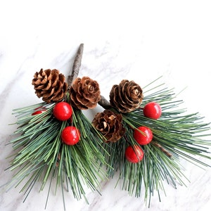 10 pezzi Mini veri aghi di pino con bacche rosse, pigne e rami di bacche e bacche di agrifoglio per decorazioni natalizie rametti di pino
