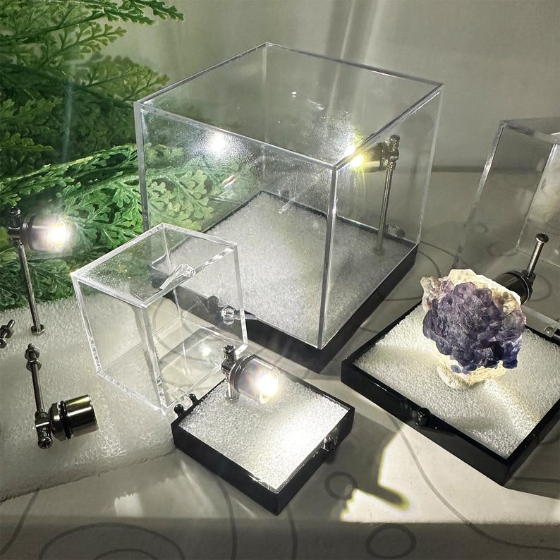 May include: Clear acrylic display cases with black bases, some illuminated by small spotlights. One case holds a purple and white mineral specimen. The cases vary in size and are arranged on a white surface, with greenery in the background.