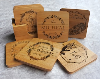 Personalized Bamboo Coasters Set of 4 with Holder Square Custom Coaster , Wedding Gift, Anniversary, Personalized Coasters Monogram Coasters