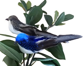 Oiseaux bleus décoratifs artificiels 2 pièces, oiseaux en mousse à plumes de 6 pouces avec Clip, décoration d'oiseau de jardin rustique (BD03)