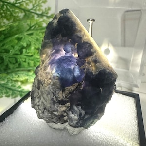 May include: A raw, natural fluorite crystal specimen. The stone features a mix of purple and gray hues, with a translucent quality. The crystal is displayed in a clear case, showcasing its unique shape and texture. The specimen is a mineral and gemstone.