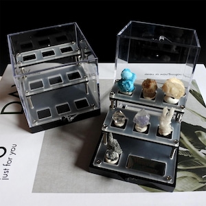 Perky Box for miniature Mineral，2.6 Inch Mini Perky 3 Tier Stepped Display Case, specimen display，mineral display nine grids  Perky Box