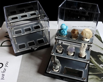 Perky Box for miniature Mineral，2.6 Inch Mini Perky 3 Tier Stepped Display Case, specimen display，mineral display nine grids  Perky Box