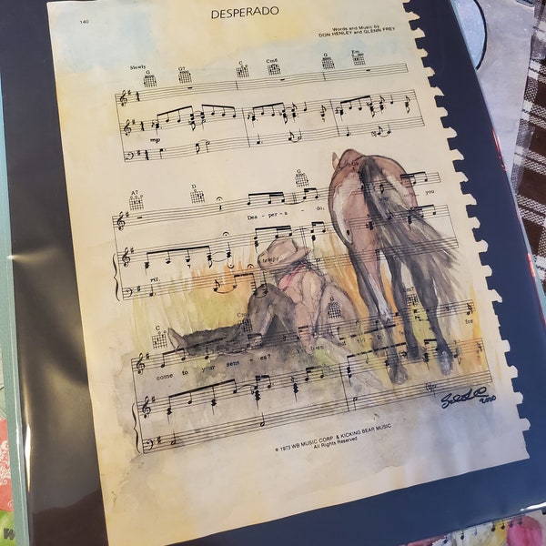 Desperado Watercolor in Vintage Sheet Music - cowboy and horse