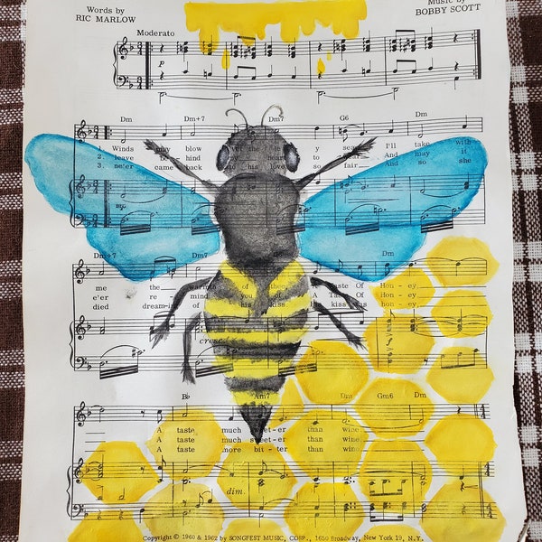 Taste of Honey - Bee- watercolor on vintage sheet music