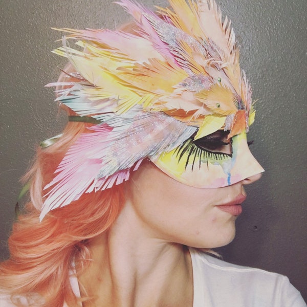 Peekaboo- Paper Feather Watercolor Masquerade Mask