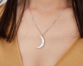 Moon Necklace custom nekclace ,Dainty jewelry with moon charm initial  Name Necklace, Engraved Necklace gift for her Mother's day gift