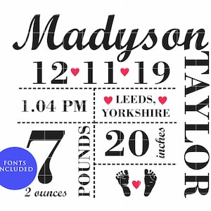 Annonce de naissance de bébé SVG, Statistiques de naissance svg, Bébé svg, Annonce de naissance svg, Fichier SVG Cut, Fichier Silhouette, Fichier SVG Cricut