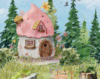 Mushroom Cove Print: Watercolor Fairy House Digital Art (Digital Download)