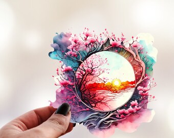 Whimsical Cherry Blossom Vinyl Sticker - Fantasy Art (3 inch)