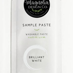 May include: A white sample packet of washable paint paste from Magnolia Design Co. The packet is labeled "Sample Paste", "Washable Paste", "0.19 fl oz / 5.71 ml", and "Brilliant White".