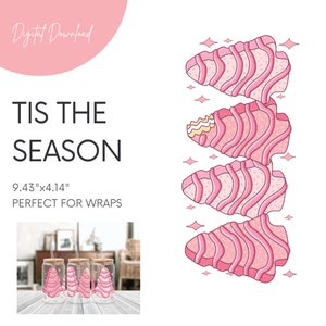 May include: Four pink and white striped Christmas tree-shaped designs with a white background. The text "TIS THE SEASON" and "9.43"x4.14" PERFECT FOR WRAPS" is below the designs. Three clear glass jars with pink and white striped Christmas tree designs are shown below the text.