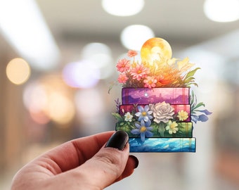 Floral Books Stack Sticker: Sparkle Vinyl Decal (3 in)